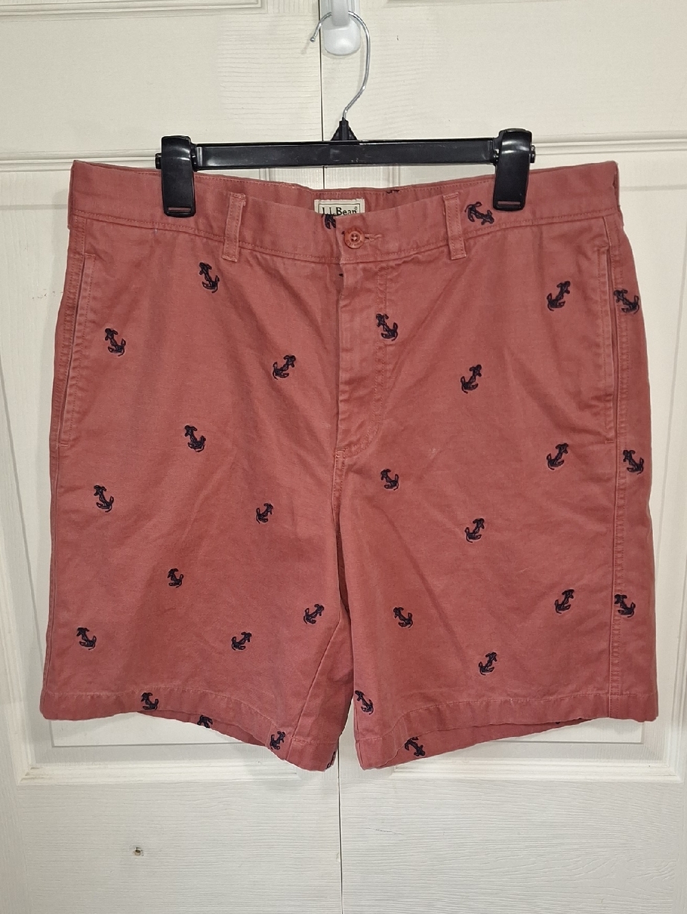 Vintage L.L. Bean Flat-Front Shorts - Rust Coral / Navy Anchor Embroidery - 35